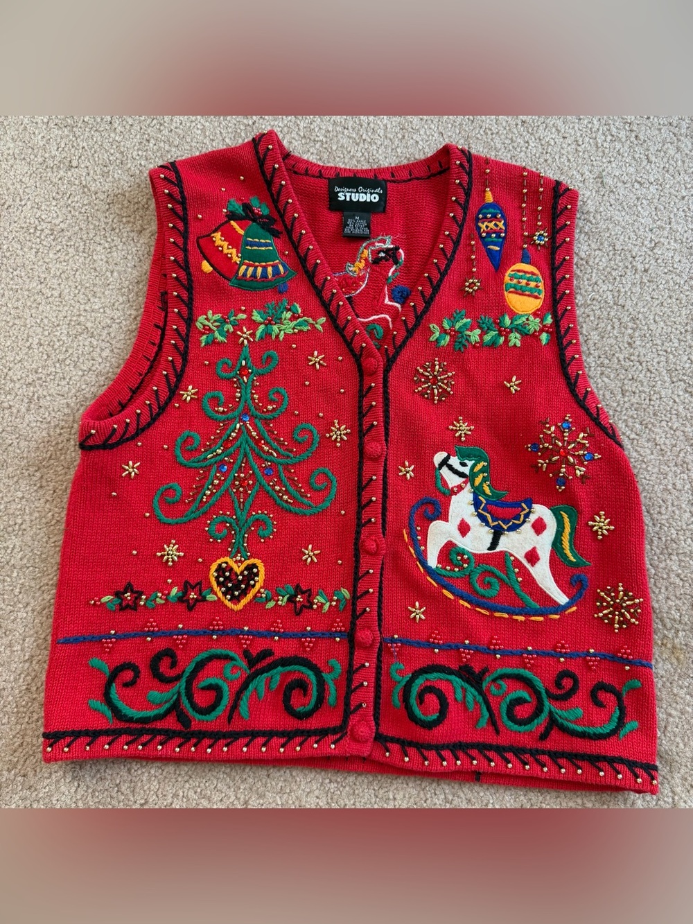 Designers original Studio Classic Red Christmas Embroidered Holiday Vest